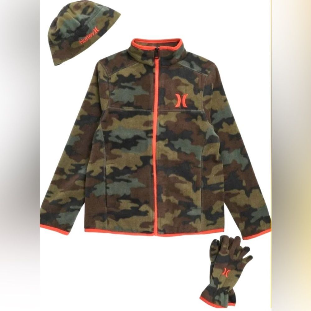 Hurley big kids camo fleece jacket hat and gloves set size large NWT